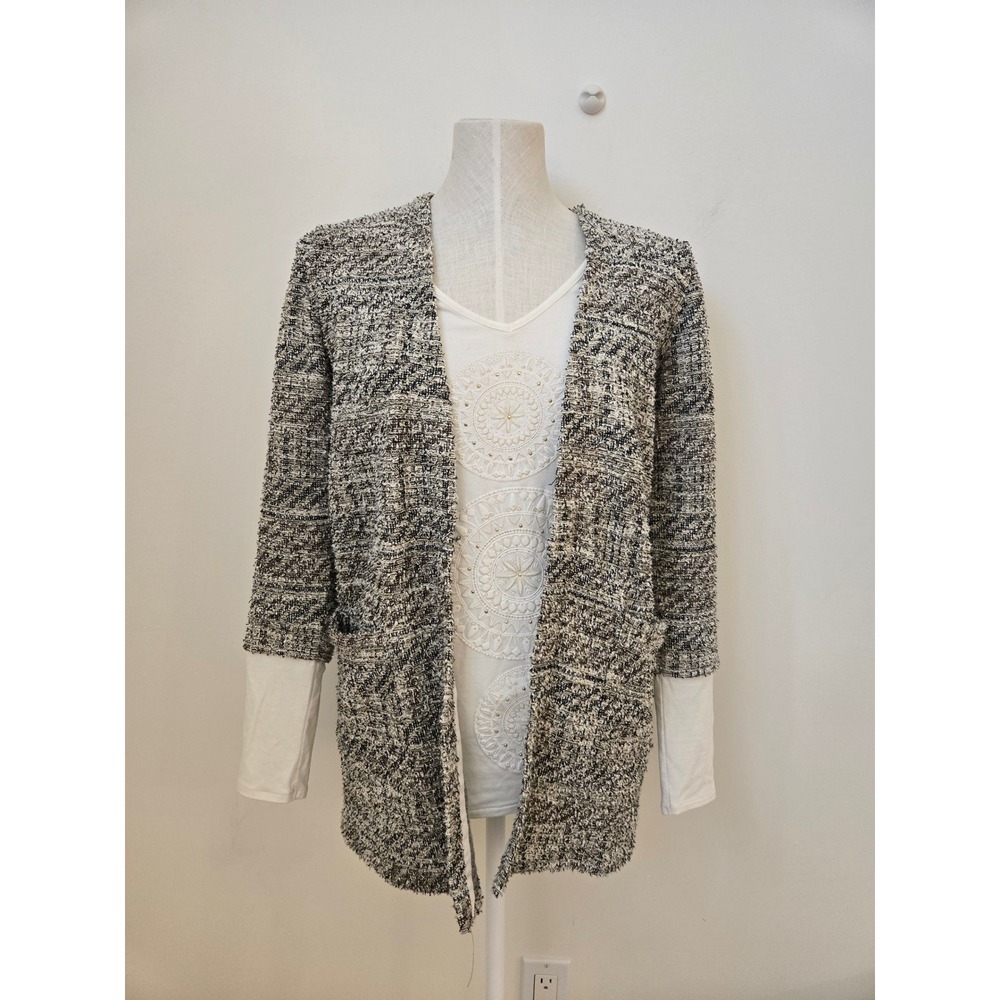 Desigual Open Front Knit Cardigan Sweater Medium Black White Metallic Boho